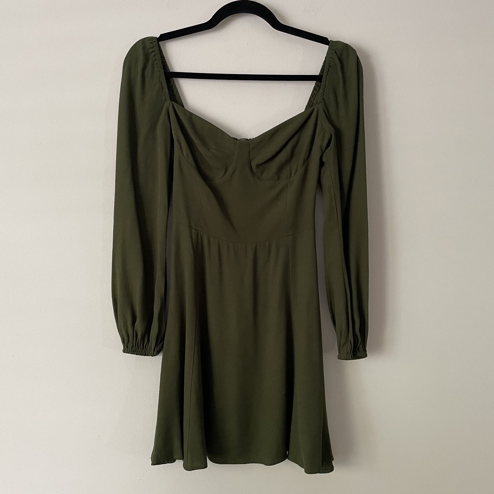 Reformation Mochi Milkmaid Long Sleeve Fit & Flare Mini Dress Olive Green Size 4